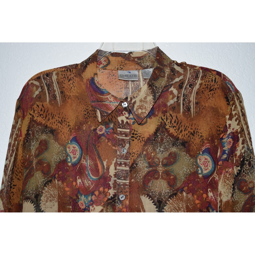 Chicos 100% Silk Blouse 2/Large Earthy Abstract Print Button Down Long Slv Artsy